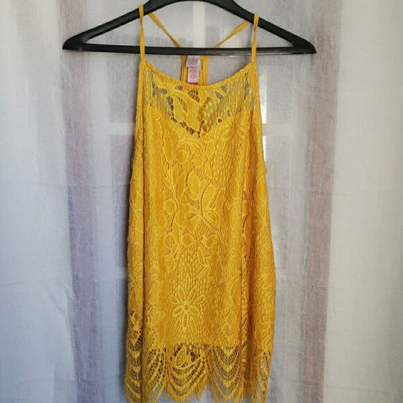 No Boundaries Tops - Y2k Tank Top No Boundaries Size L Yellow Lace Cami Scallop Lined Floral 90's